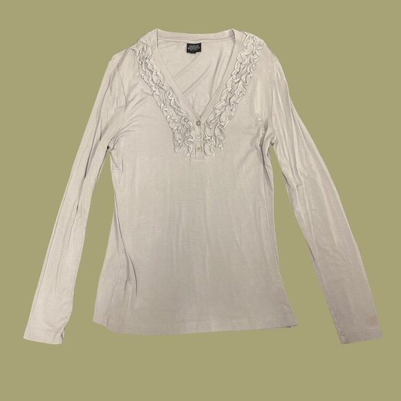 Marvin Richards New York Taupe Ruffle Trim Long Sleeve Top – Size M - Picture 2 of 7